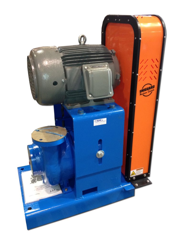 Orange Uniguard vertical belt guard on a blue pump and motor assembly